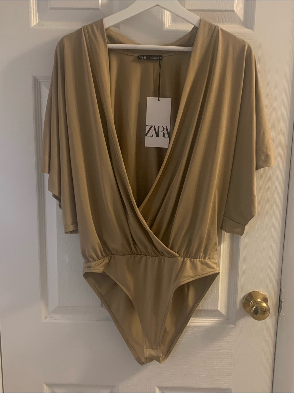ZARA Beige Wrap-Front Dolman Sleeve Bodysuit